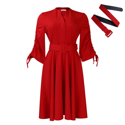 Lantern Sleeve Pleated Dress