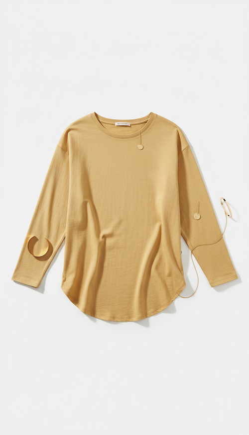 Curved-hem long sleeve tee in sunlit gold