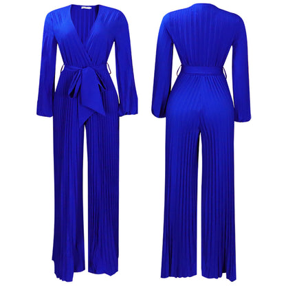 V-neck Lace Up Pleated Wide-leg Jumpsuit