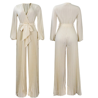 V-neck Lace Up Pleated Wide-leg Jumpsuit
