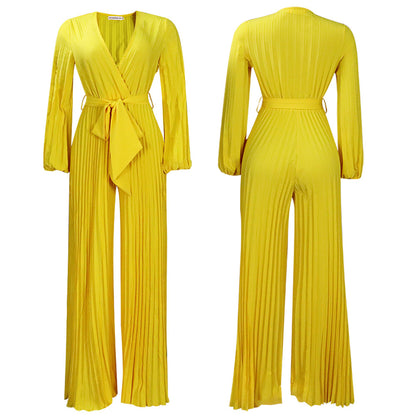 V-neck Lace Up Pleated Wide-leg Jumpsuit