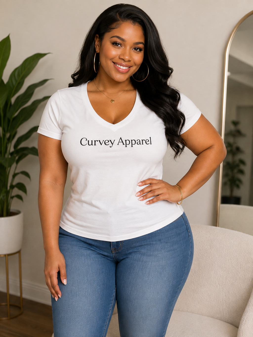 Curvey Apparel V-neck t-shirt in white with black lettering.