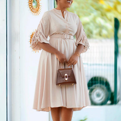 Lantern Sleeve Pleated Dress