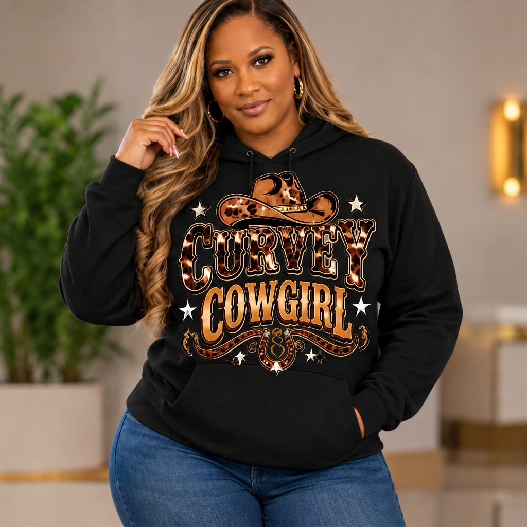 Black Curvey Cowgirl hoodie with brown silhouette logo inside the horseshoe