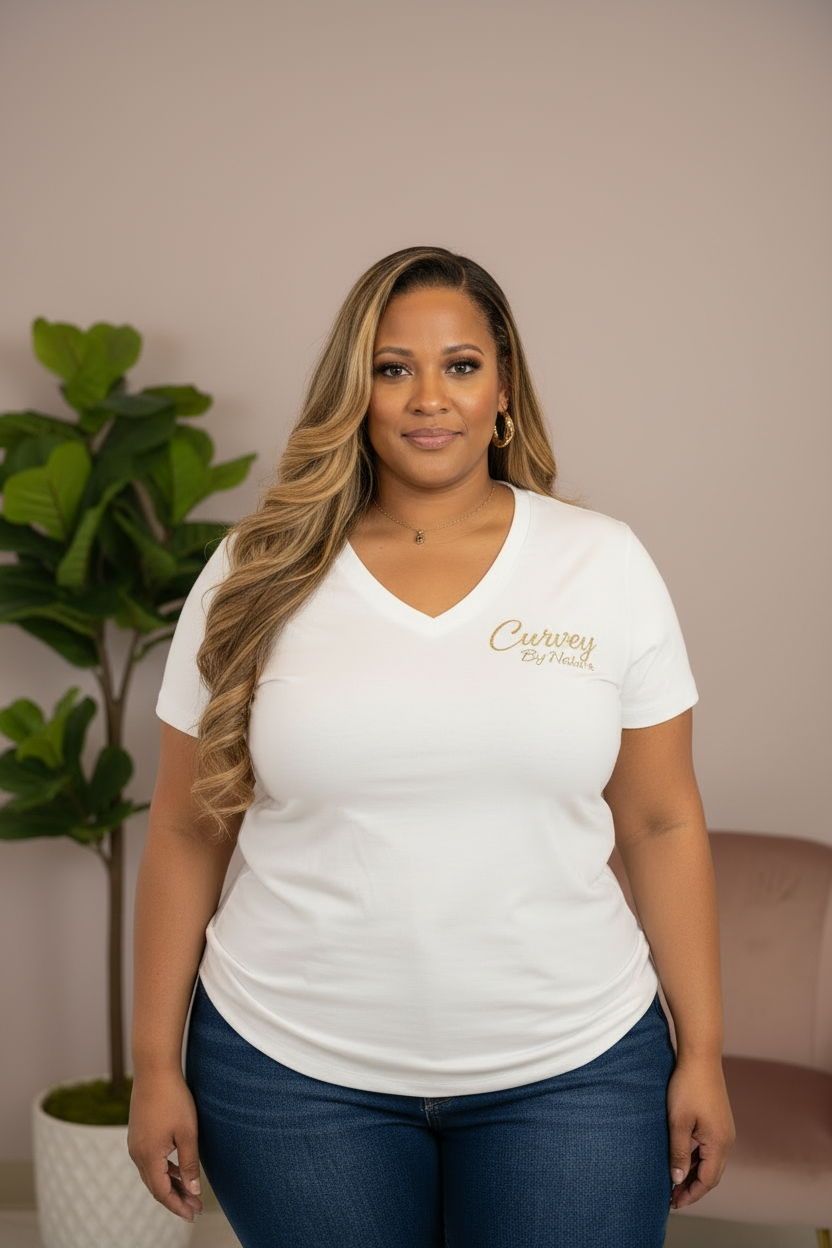 Curvey By Nature White Tee with Gold Lettering