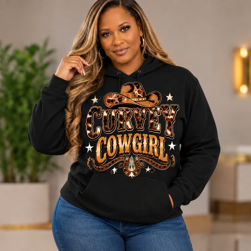 Curvey Cowgirl design on a black hoodie