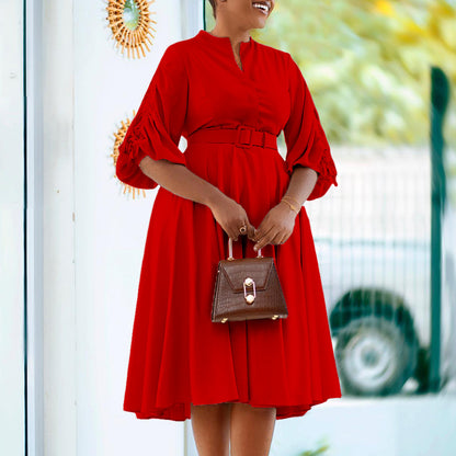 Lantern Sleeve Pleated Dress