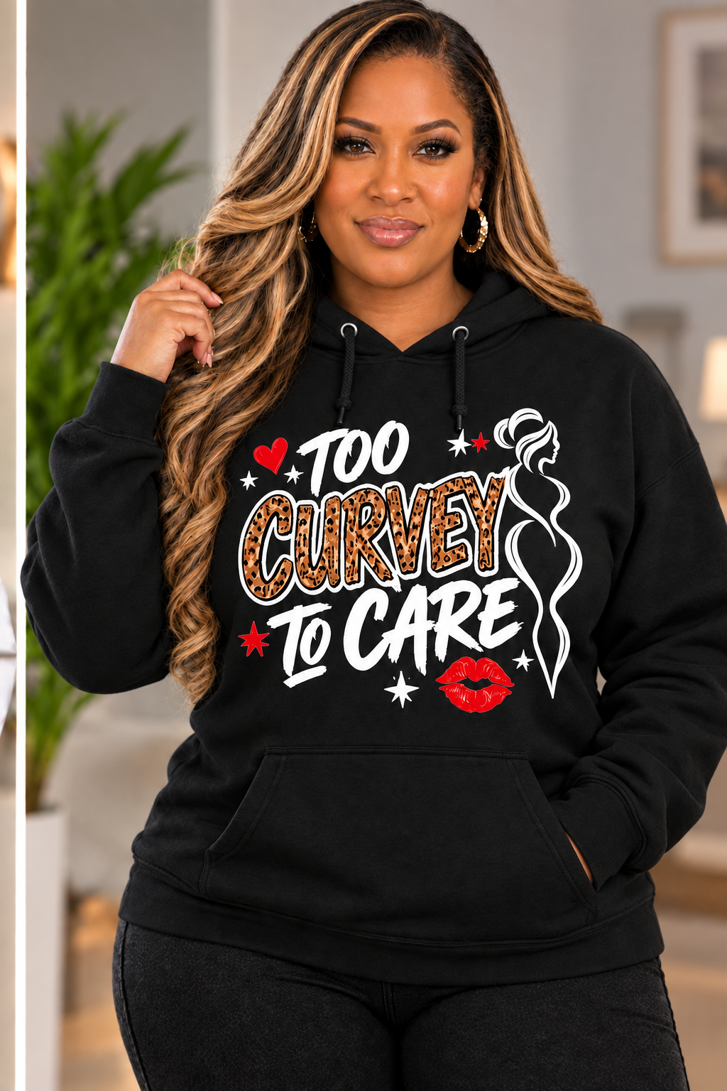 TOO CURVEY TO CARE HOODIE-black